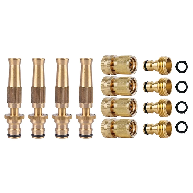 

4 Piece Spray Nozzle Brass Adjustable & 4 Set Garden Hose Quick Connectors Brass 3/4 Inch GHT Thread Easy Connect