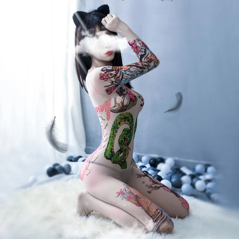 Для женщин Эротические с длинным рукавом полупрозрачная сеточку полный тату