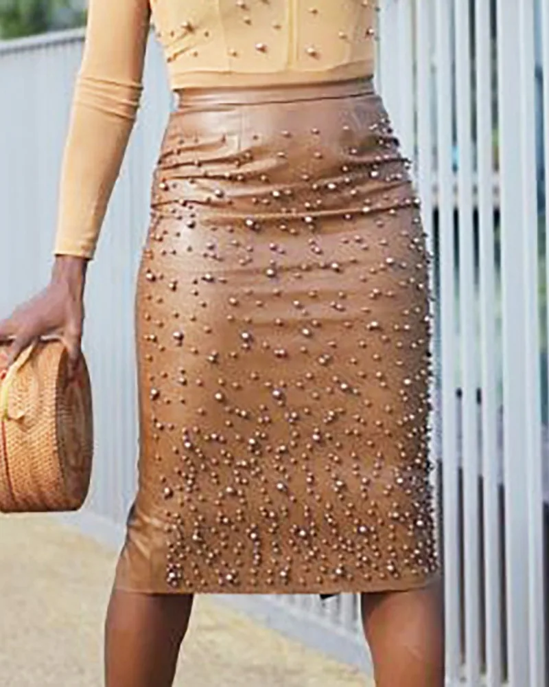 Женская юбка карандаш из искусственной кожи на молнии с бисером облегающая