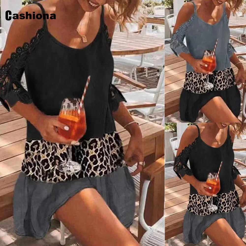 

Cashiona Plus Size Women Short Dress Sexy Leopard Print Dresses 2021 Patchwork Lace Summer Beach Sundress Hollow Out Dress Femme