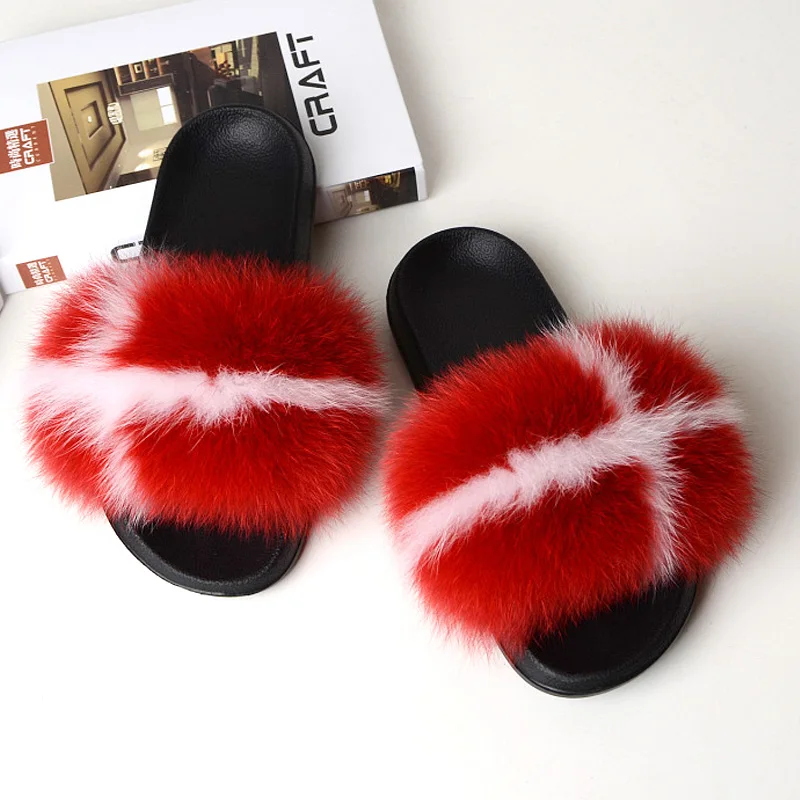 

New Patterns Women's Fox Fur Slides Flat Striped Furry Home Slippers Female Fashion New Real Fox Hair Slipper Shoes Large Size