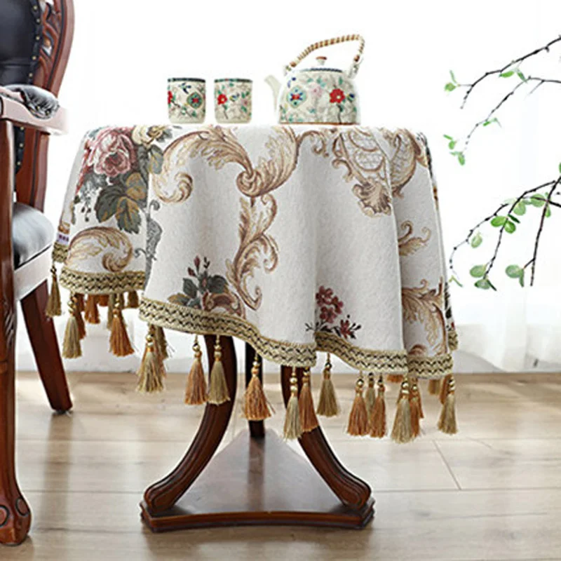 Благородная синяя бежевая маленькая круглая скатерть прямоугольная жаккардовая