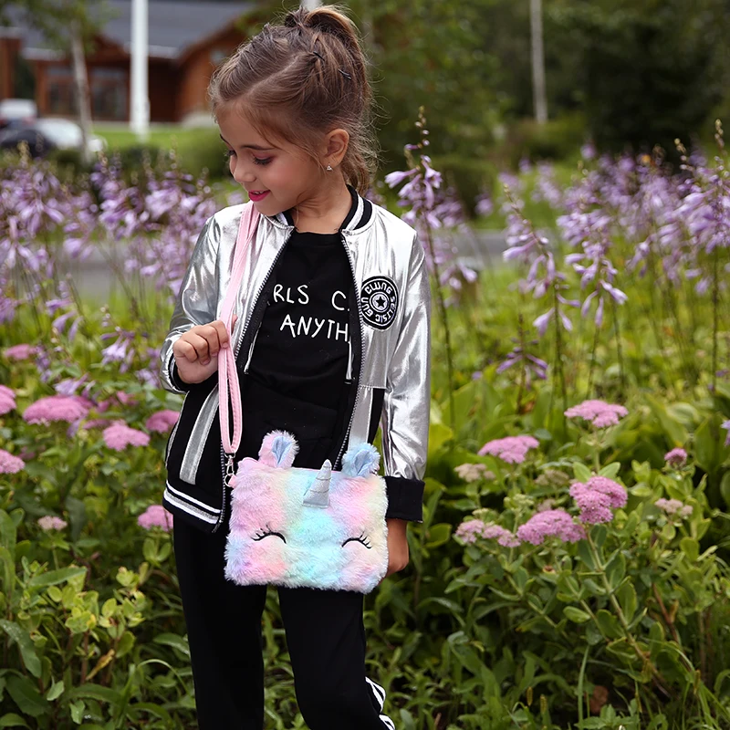 Милые косметические сумки через плечо с единорогом красочная меховая женская