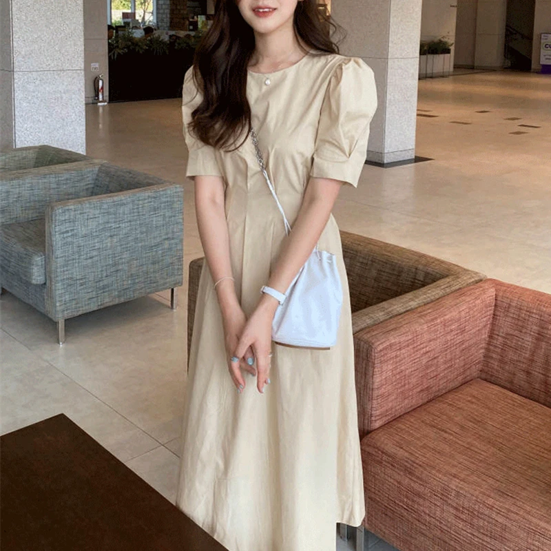 

2021 New Women's Summer Dress Puff Sleeve High Waist Vintage Lace Up Korean Style Elegant Oversize Wild Lady Long Dresses