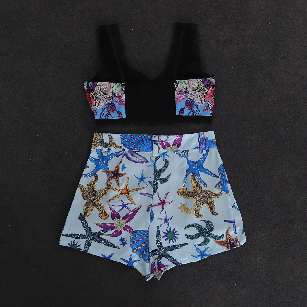 Женский комплект из двух предметов кружевной с высокой талией и принтом морской