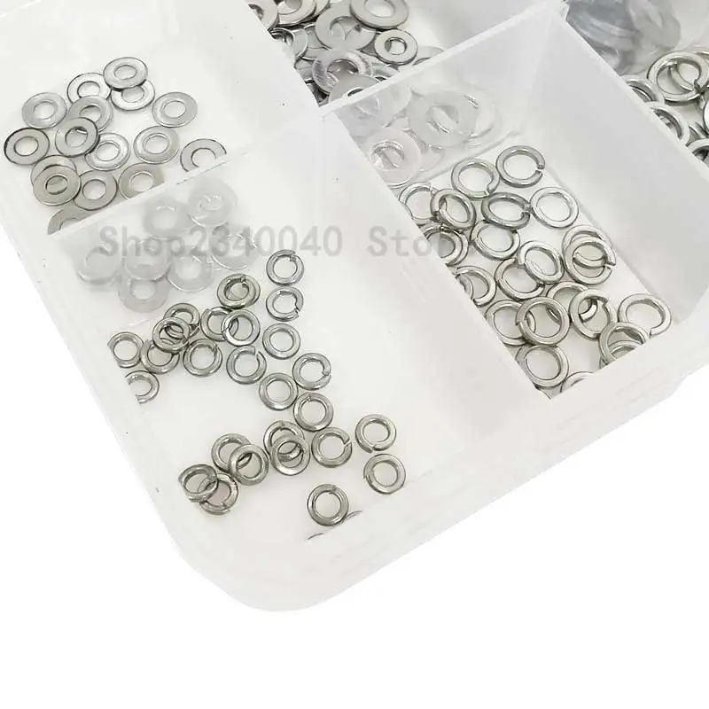 300pcs/box 304 Stainless Steel Flat Washer/Spring washer Assortment Set M2 M3 M4 M5 M6 Metal Lock Washer Abrasion Resistance |