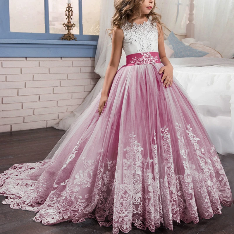 Hot Pink Винтажное платье принцессы на свадьбу; платья подружки невесты для детей; платье для первого причастия; праздничное платье для девочек; пышные Длинные платья со шлейфом для девочек - Цвет: Hot Pink