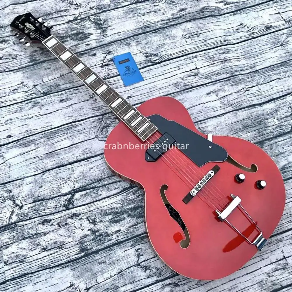 

2020 высшее качество, гитара Grote JAZZ, электрогитара с 6 струнами, гитара красного цвета для женщин, полый корпус, двойной f, бесплатная доставка
