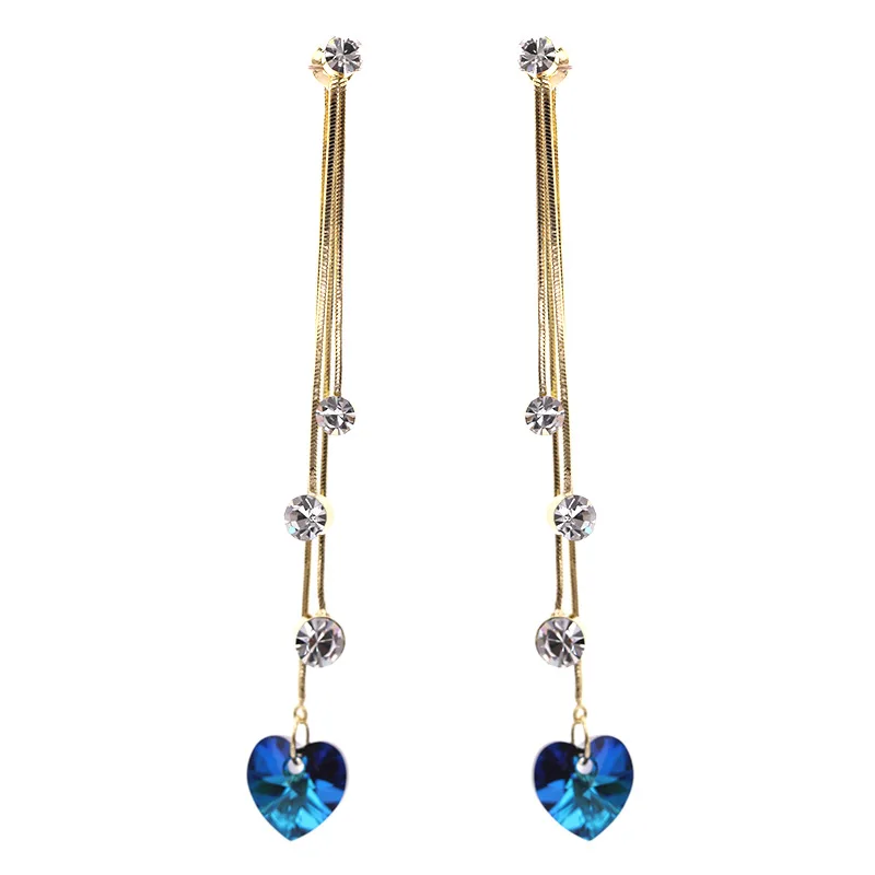

Temperament Long Crystal Earrings Ocean Heart Blue Earring 2021 New Fashion Zirconia Tassel Dangler Jewelry For Ladies