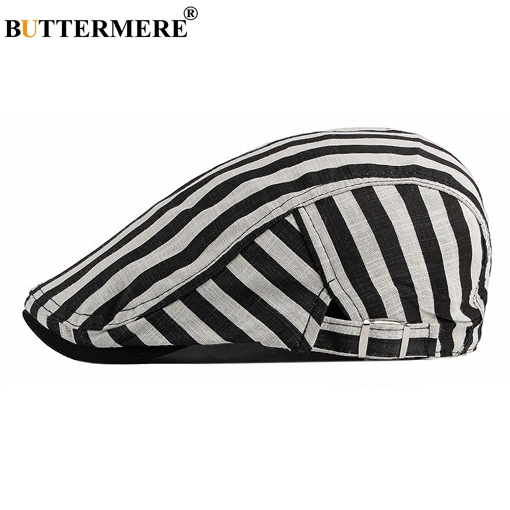 

BUTTERMERE 100% Cotton Black White Striped Mens Berets Cabbie Vintage Flat Caps for Men Spring Summer Artist Hat