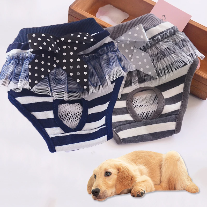 

Cute Lace Stripe Pet Physiological Menstrual Hygiene Pants Reusable Sanitary Doggie Diapers Washable Female Dog Underwear Briefs