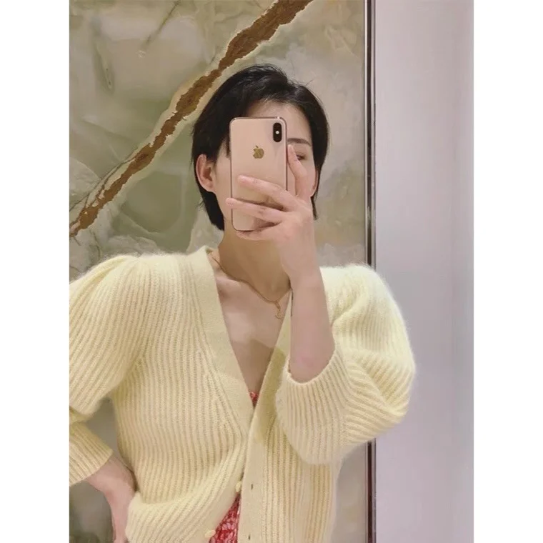 

Siyuan 21 Ранняя осень гусиный желтый мохеровый вязаный кардиган французский ленивый стиль свободный свитер с рукавом-фонариком Женское пальт...