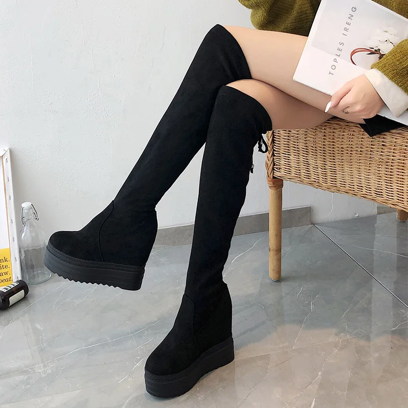 over the knee boots Женские сапоги выше колена; сапоги на высокой танкетке; женская обувь, увеличивающая рост; сезон осень-зима; эластичные женские сапоги на каблуке - Цвет: over the knee boots