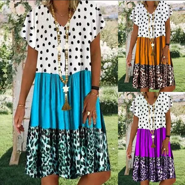 

HAOOHU Summer New Dotted Prints Stitching Contrast Color Women's V-neck Short Sleeve Dress Plus Size Dresses Vestidos Dress