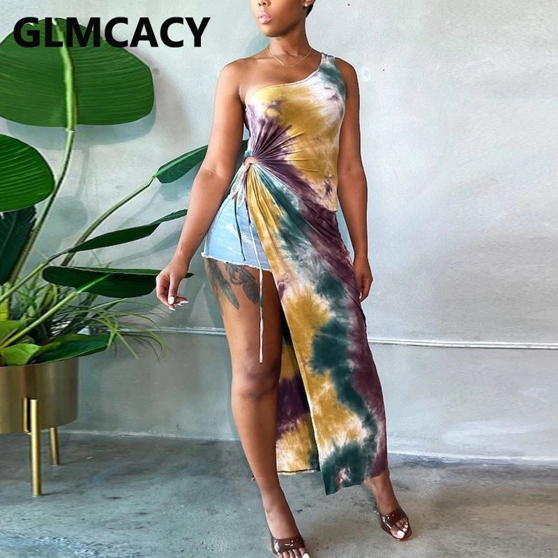 

One Shoulder Tie Dye Side Slit Sexy Dress