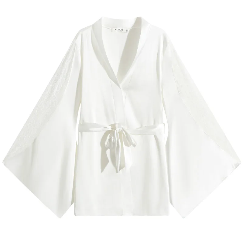 

White Short Kimono Dress Belt Robe Women Vintage Princess Nightwear Lace Sleepwear Fairy Bathrobe Female Wedding Bridesmaid Gift