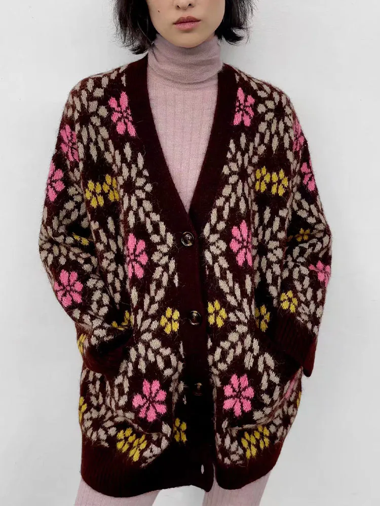 

ZA autumn and winter new retro lazy sweet flowers single-breasted V-neck long-sleeved jacquard knitted cardigan jacket