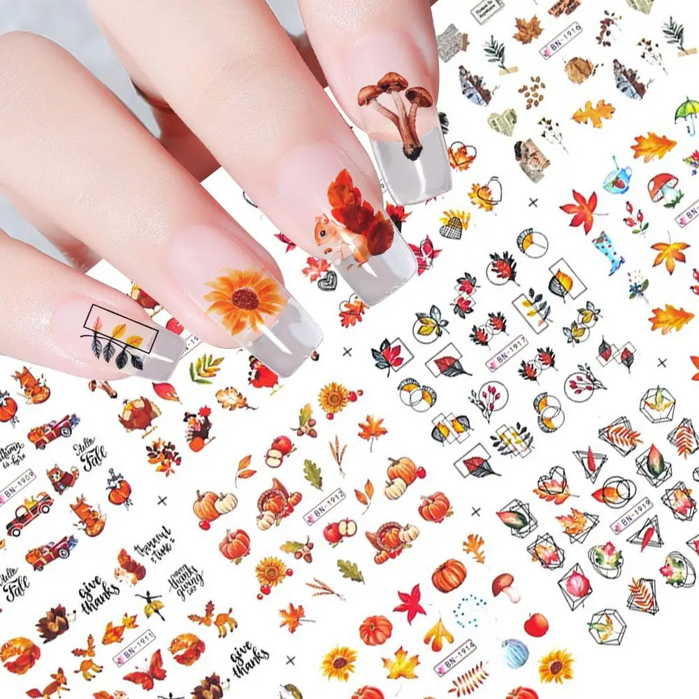 

Cartoon Abstract Face Lines Golden Leaves Nail Stickers Autumn Water transfor Decals Maple Leaf