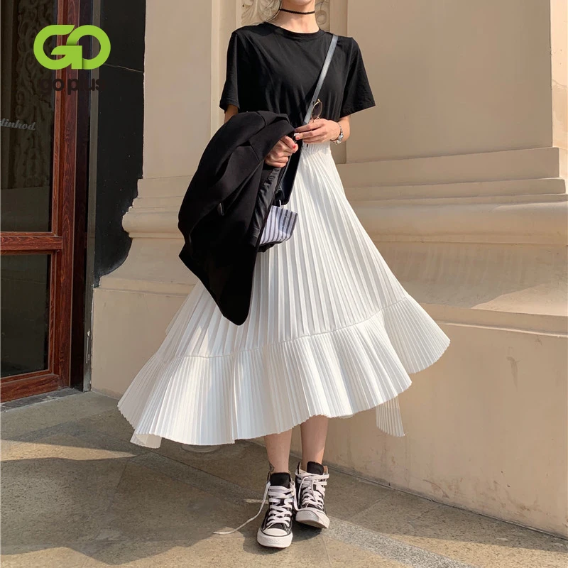 

GOPLUS Skirt Sweet Pleated Skirts Korean Fashion Long Midi Black White Chiffon Asymmetrical Skirt Jupe Femme Rokjes Dames C11156
