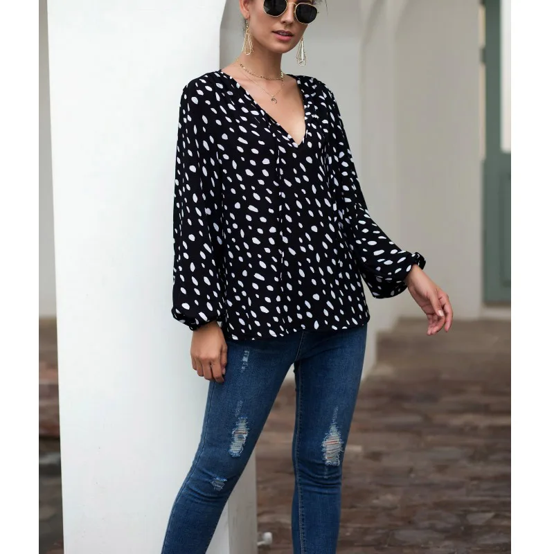 

Women spring autumn Polka Dot V-neck Puff Sleeve Tops sexy bandage long sleeve V neck Chiffon Blouse shirts