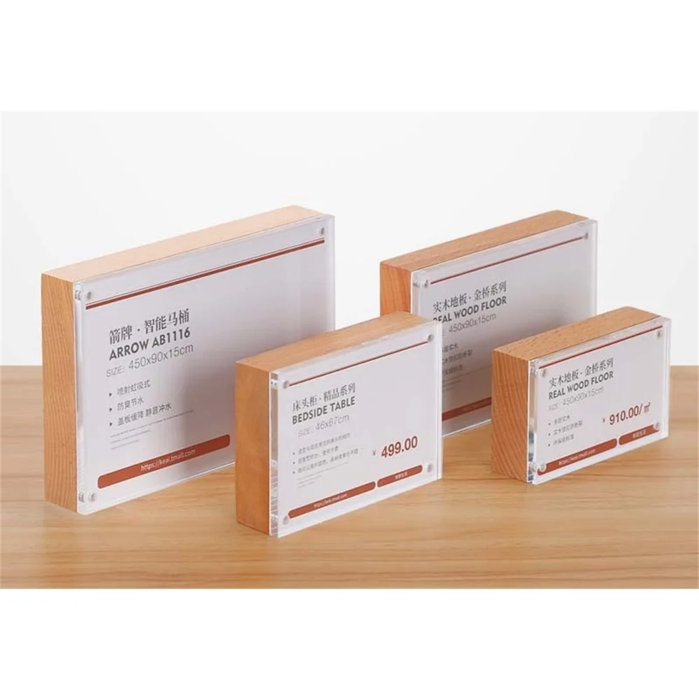 

90*54mm Acrylic Horizontal Vertical Two Use Table Products Label Price Tags Paper Sign Holder Display Stand With Wooden Base