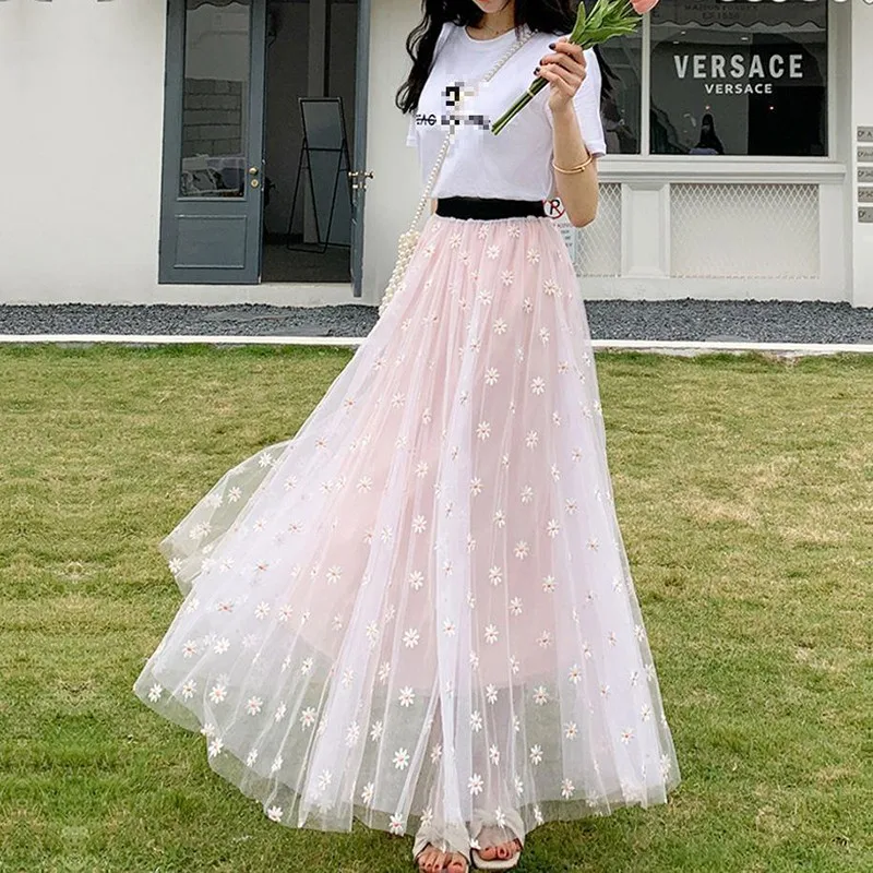 

Mesh Skirts Womens Spring And Summer New Embroidery High Waist Skirt Ladies Elegant Vintage Tulle Midi Skirt Women