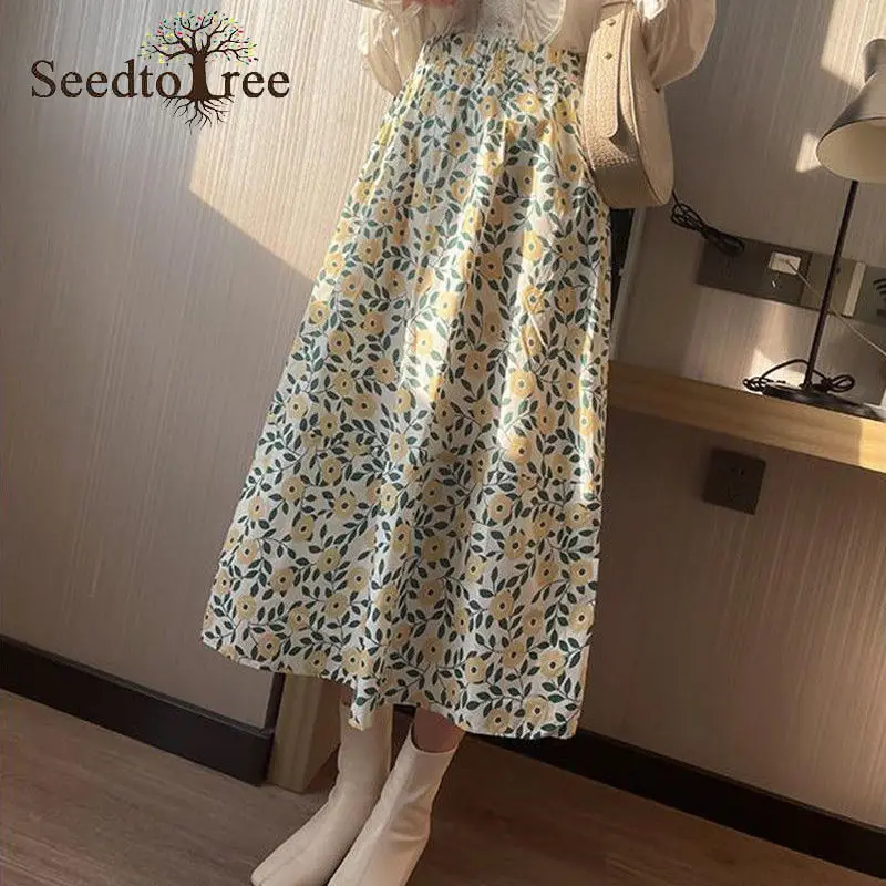 

Summer New Style Women's Korean Fashion Mid-length Skirt Slim Floral A-line Skirt Mid-calf Long Dress