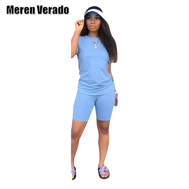 

Meren Verado S-4XL Women Two Pieces Sets Tracksuits Short Sleeve Tops+Jogger Shorts Pants Suit Sport Fitness Outfit Matching Set