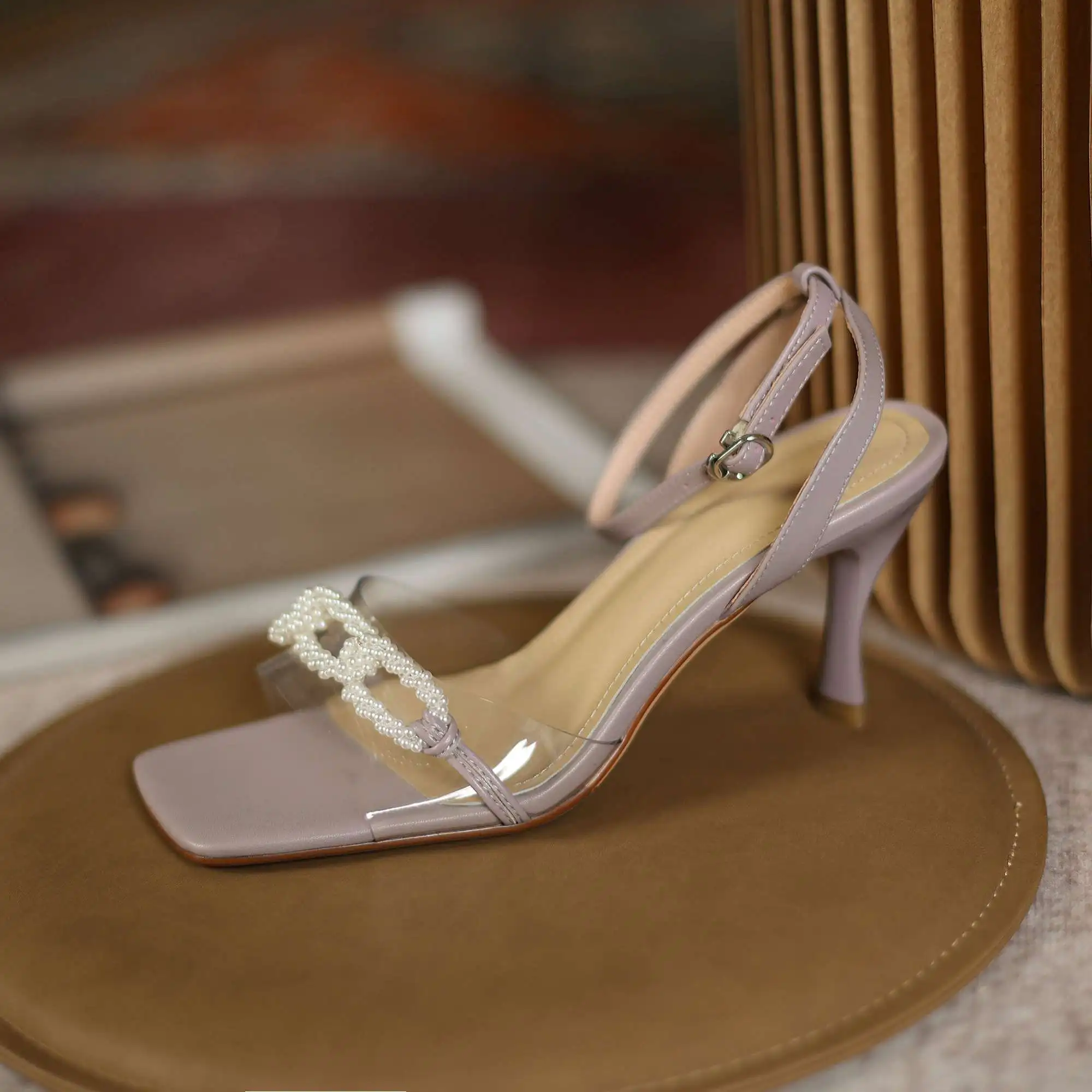 

lenkisen new genuine leather thin high heels pearl solid high office lady fashion young lady buckle straps sandals women L23