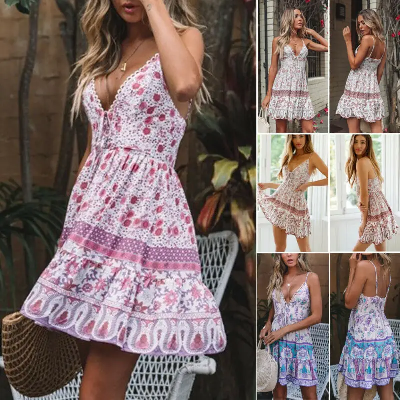 

Womens Sleeveless Bohemian Dress Sexy Dress 2019 New Vestidos Wrap Summer Boho Floral Mini Print Dress Ladies Holiday Beach