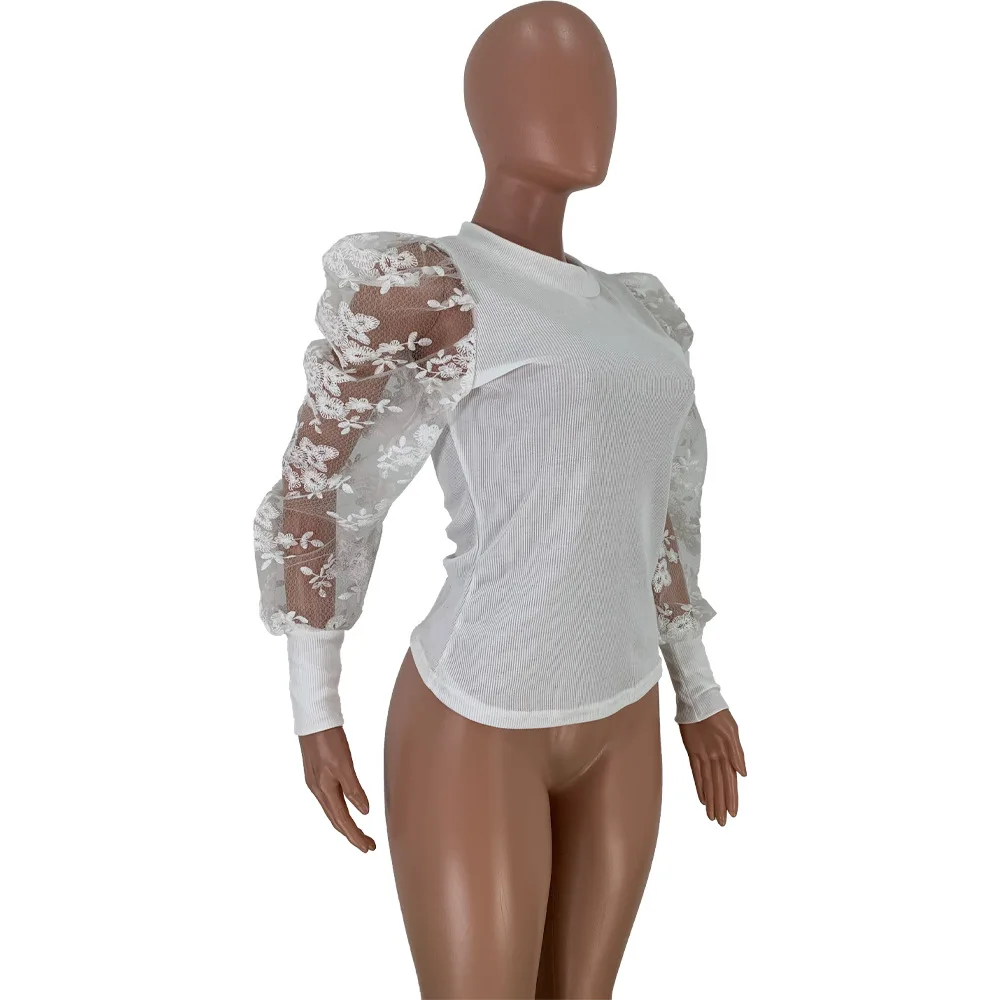Женская блузка с кружевом однотонная повседневная офисная круглым вырезом