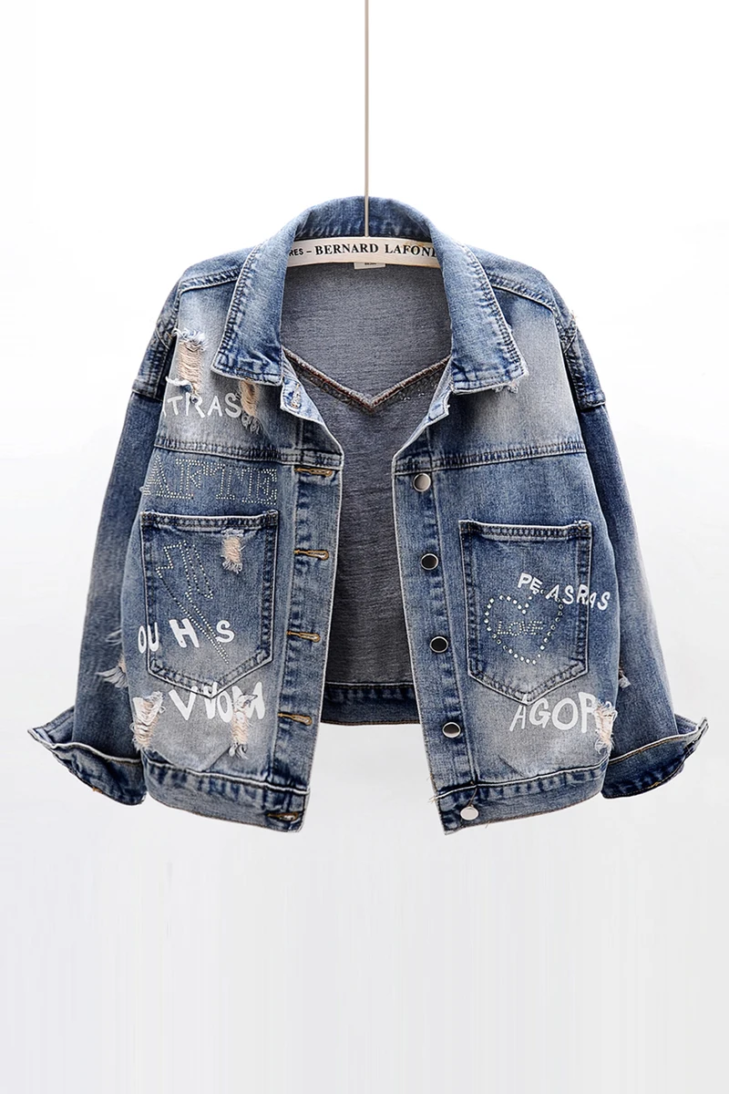 

2020 Spring New Short Denim Jacket Women Loose Rivet Diamonds Frayed Women's Coats Tops Female Jacket