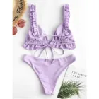 Женский Купальник с лепестками на тонких бретелях, однотонный бандажный комплект бикини с разрезом, Купальник с размера плюс, пляжный Женский Купальник