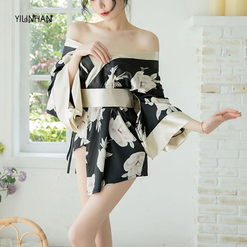 

YILINHAN Japanese Kimono Sexy Cosplay Outfit for Fun Traditional Style Robe Yukata Costumes Pajamas Soft Silk Belt Set Black