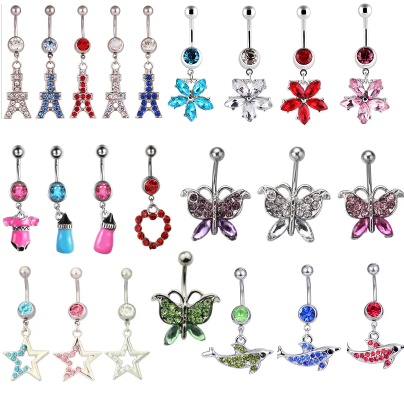 1PCS Stainless Steel Crystal Heart Belly Button Ring Dangle Fashion Butterfly Navel Piericng Ring Animal Piercing Umbigo Pendant
