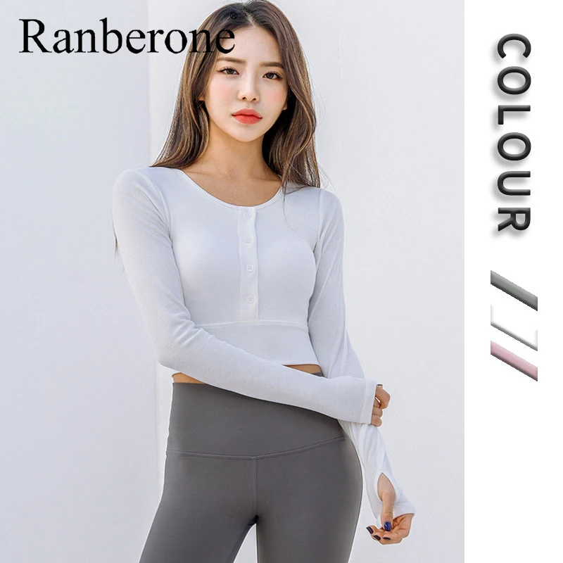 Ranberone Korean Style Yoga Clothes Long Sleeved Sports Top Fitness Clothes Women T-shirt With Chest Pad Fitness Gym Sportswear