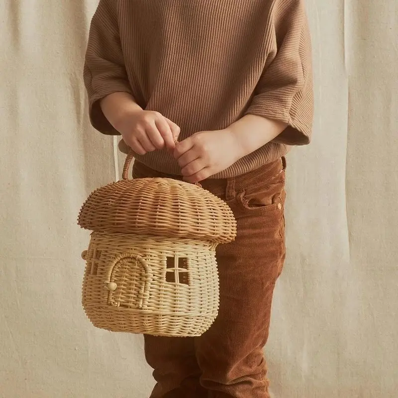 

Handwoven Storage Basket Desktop Storage Decor Children Rattan Bucket Beach Straw Bag Women Shoulder Messenger Bamboo Basket Bag