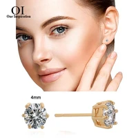 oi small simulated stud earrings for women gold color princess six prongs micro pave zircon shiny copper earring