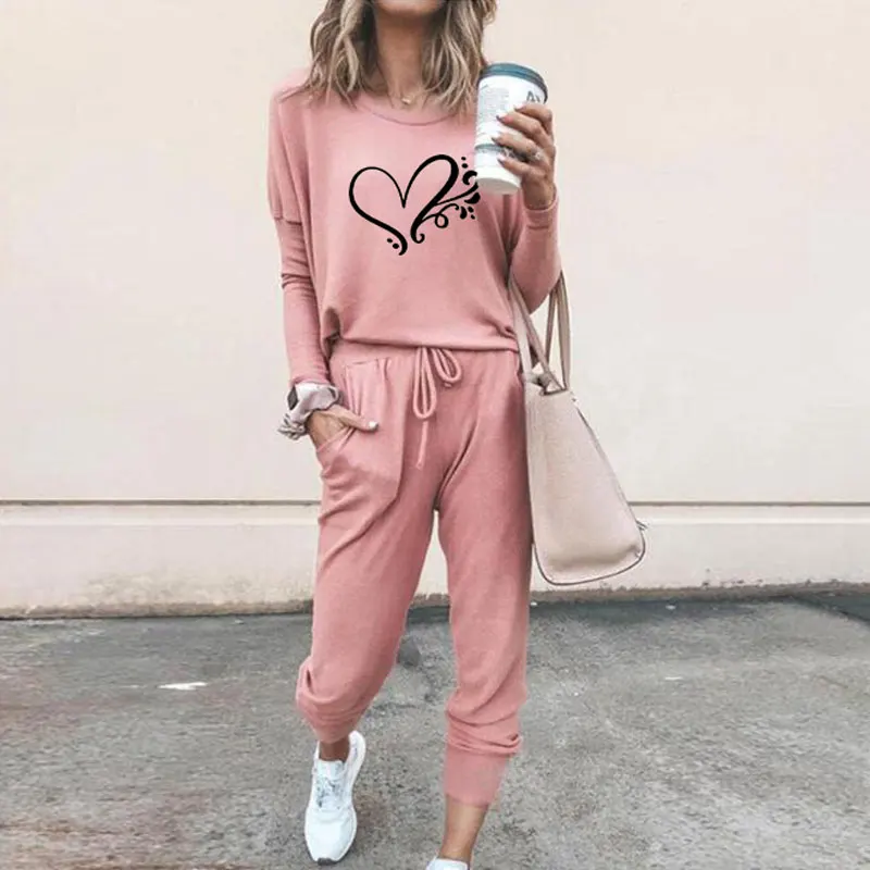 

Funny Gift Autumn 2 Pieces Women's Solid Tracksuits High Waist Stretchy Fancy Love Print Tops Casual Outfits.