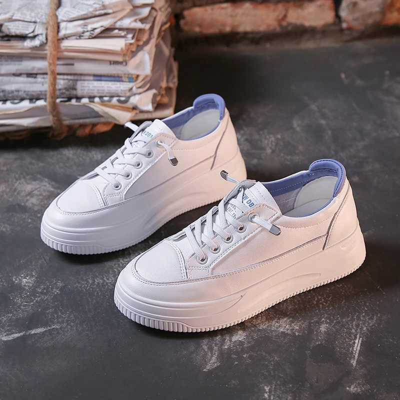 

2021 Fashion Breathble Vulcanized Shoes Women Pu Women Sneakers Leather Platform Shoes Women Lace Up Casual Shoes White