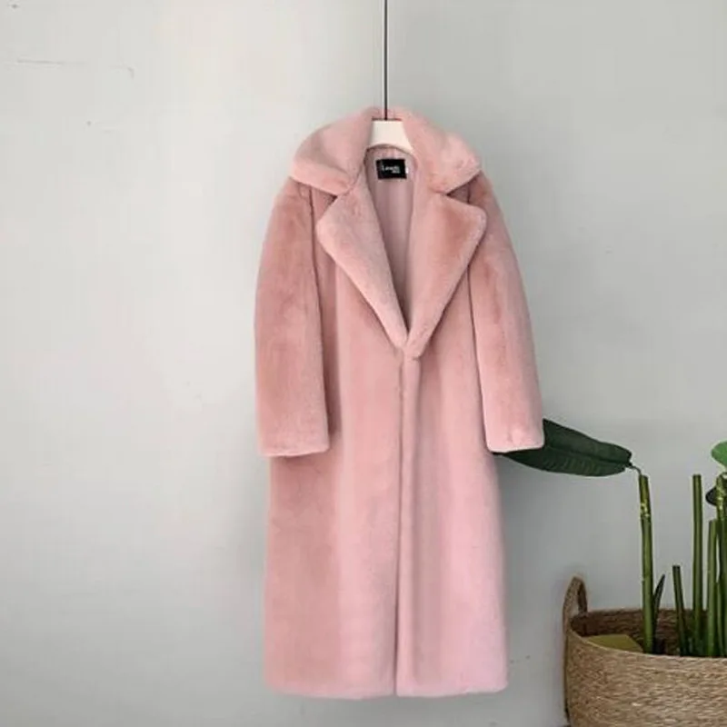 

Xfh 2021 New Women Winter Warm Faux Fur Coat Thick Women Long Coat Turn Down Collar Women Warm Coat With Belt