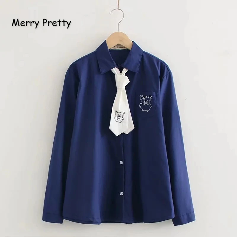 

Женские блузки с галстуком Merry Pretty, темно-синие блузки с вышивкой в виде свинок, с длинным рукавом, отложным воротником, осень 2021