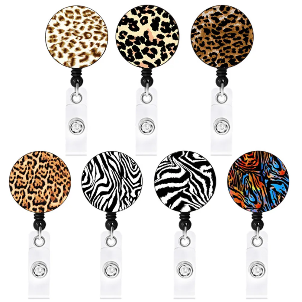 

7 Color New Fashion Leopard Series Retractable Nurse Abs Badge Reel Clip Badge Holder Students Doctor Id Card Holder Badge Clip