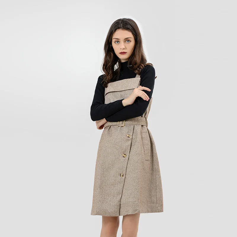 CMAZ Элегантное осенне зимнее повседневное изящное платье на пуговицах с поясом.