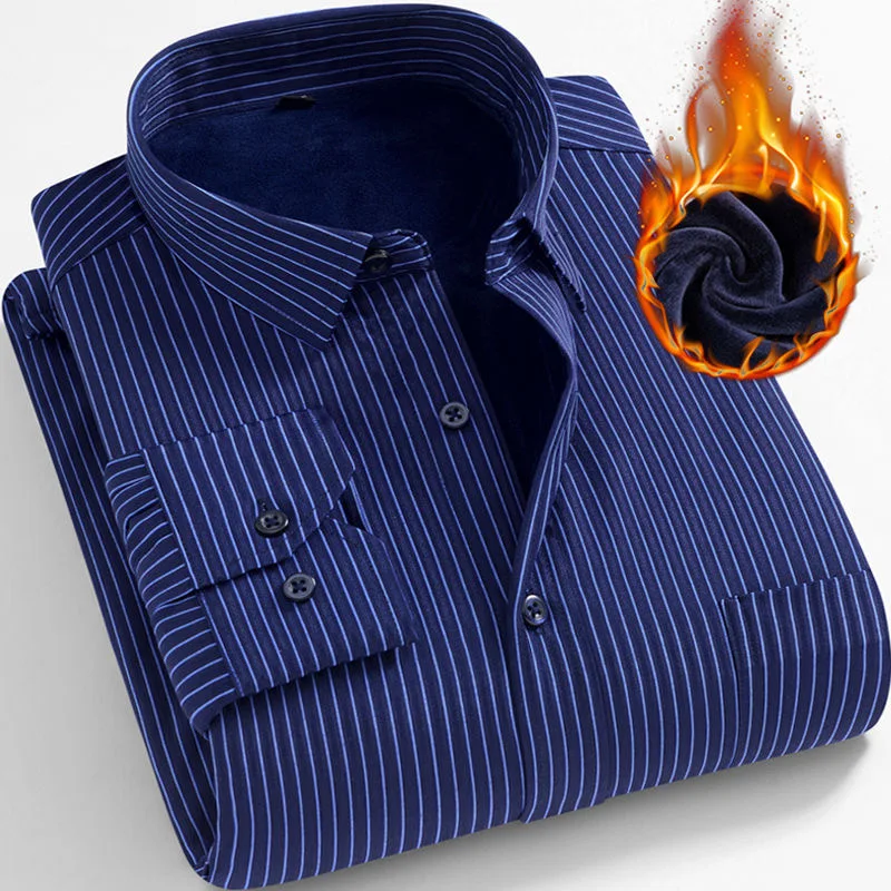 

Autumn Winter Long Sleeve Shirts Plus Velvet Men Shirts For Men Clothing Business Shirt Thicken Keep Warm Striped Male Shirt