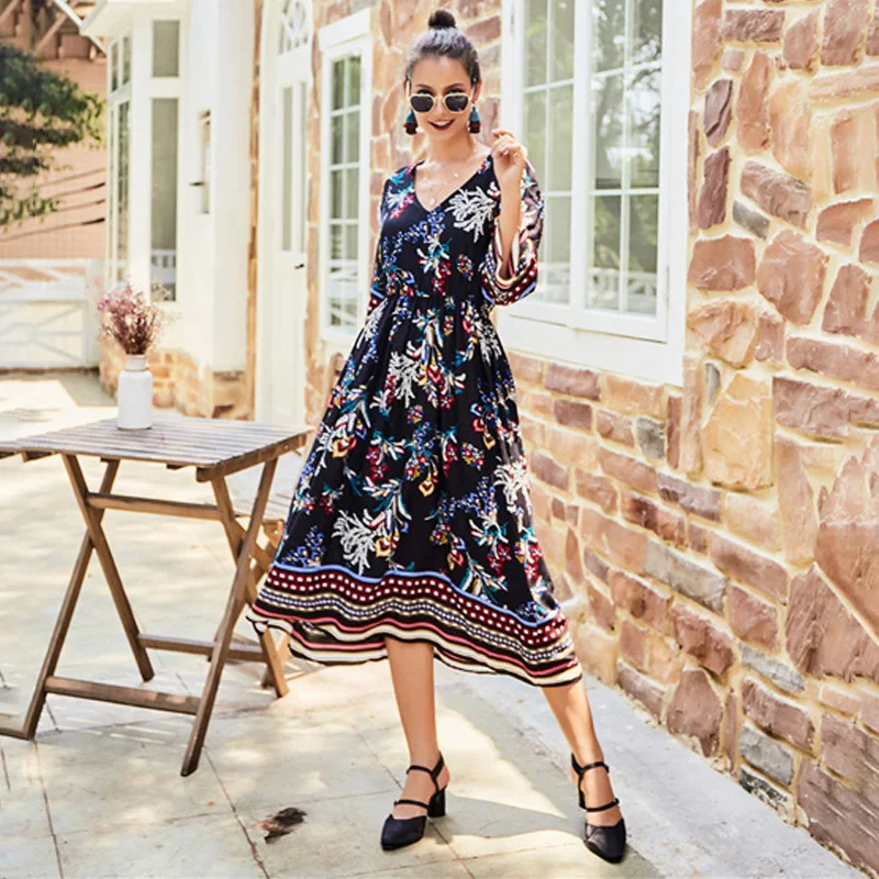 Женское платье Бохо модное Повседневное с v-образным вырезом и высокой талией