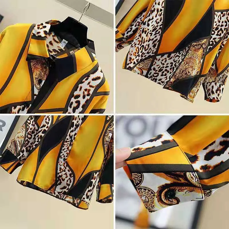 

Chiffon Leopard blouses women casual long sleeve vintage big size Korean shirts tops female elegant loose work wear blouses