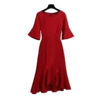 2021 summer korean large simple solid color dress fashion slim temperament medium length fishtail skirt trumpet sleeve e049