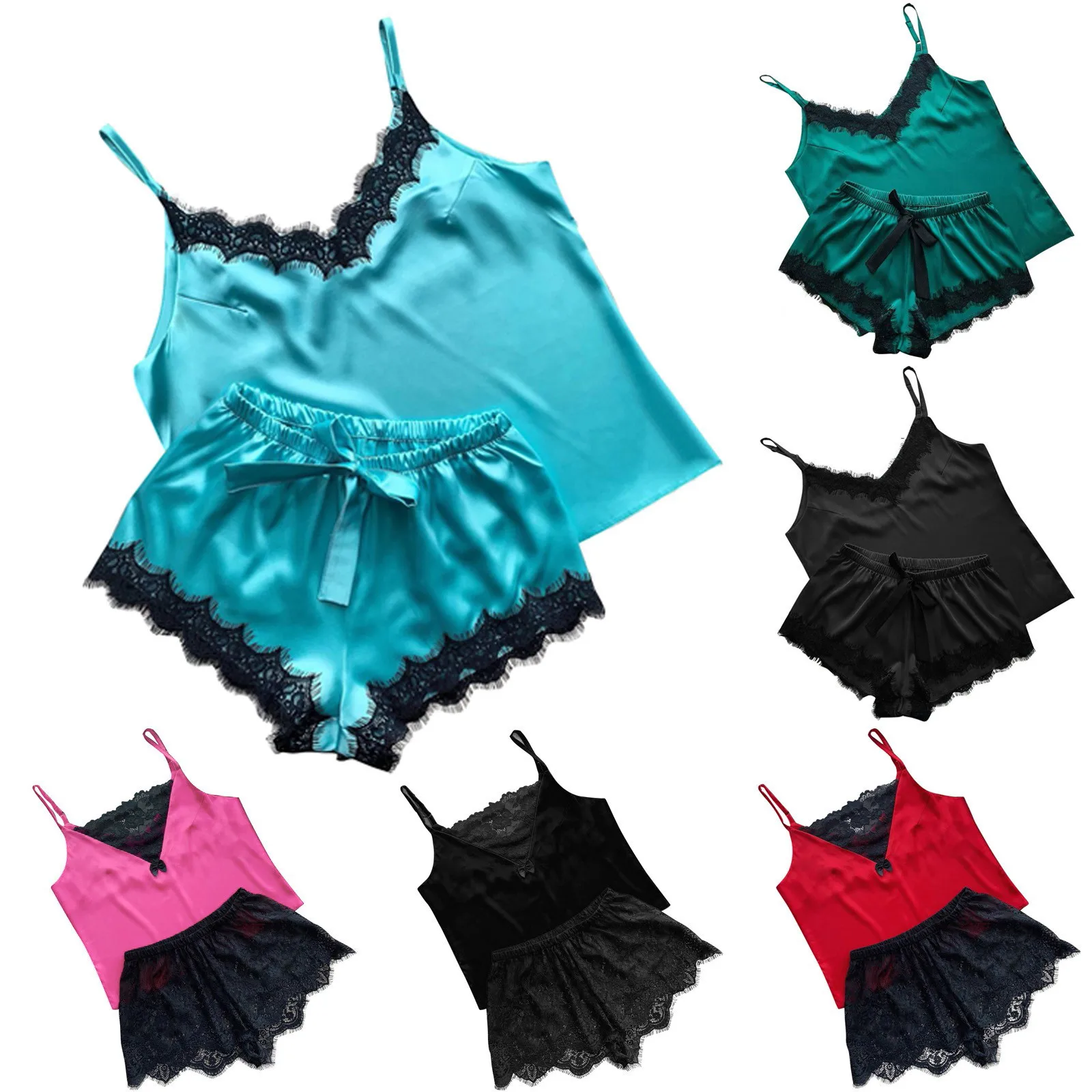 

Women Pajamas Set Satin Lace Lingerie V-Neck Bowknot Cami Top And Shorts Set Sleepwear Menina Homewear Conjuntos De Mujer