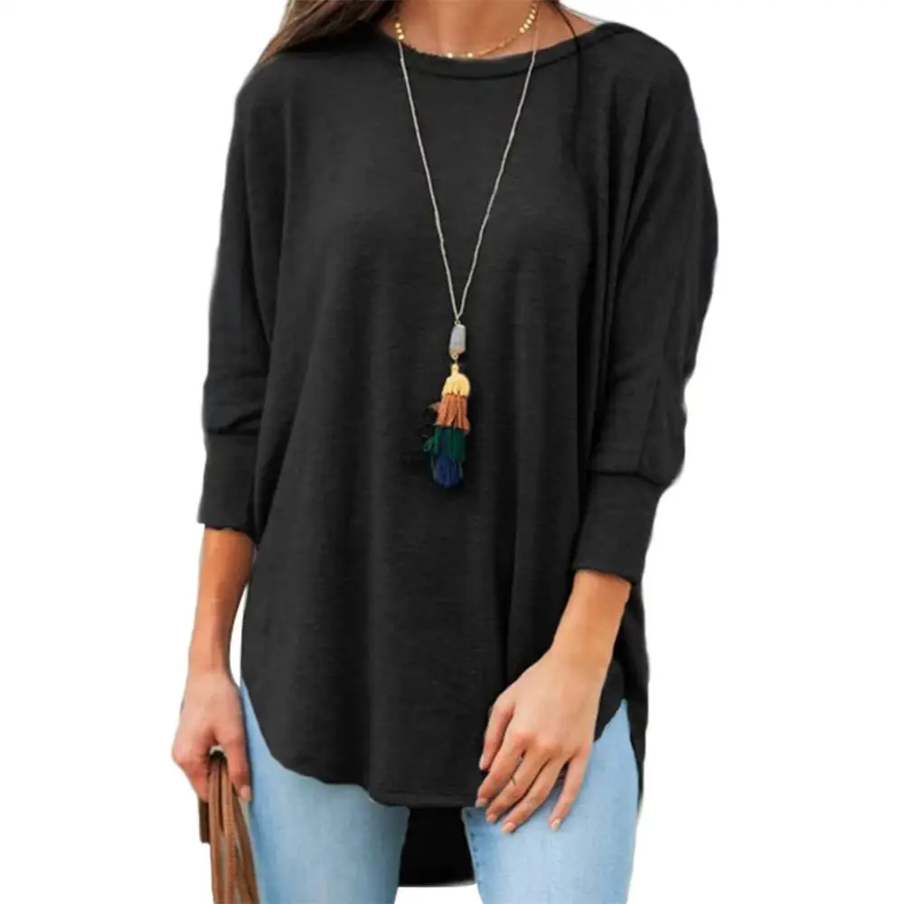 

Women Casual Solid Color 3/4 Sleeve O Neck Irregular Hem Plus Size Loose T-shirt